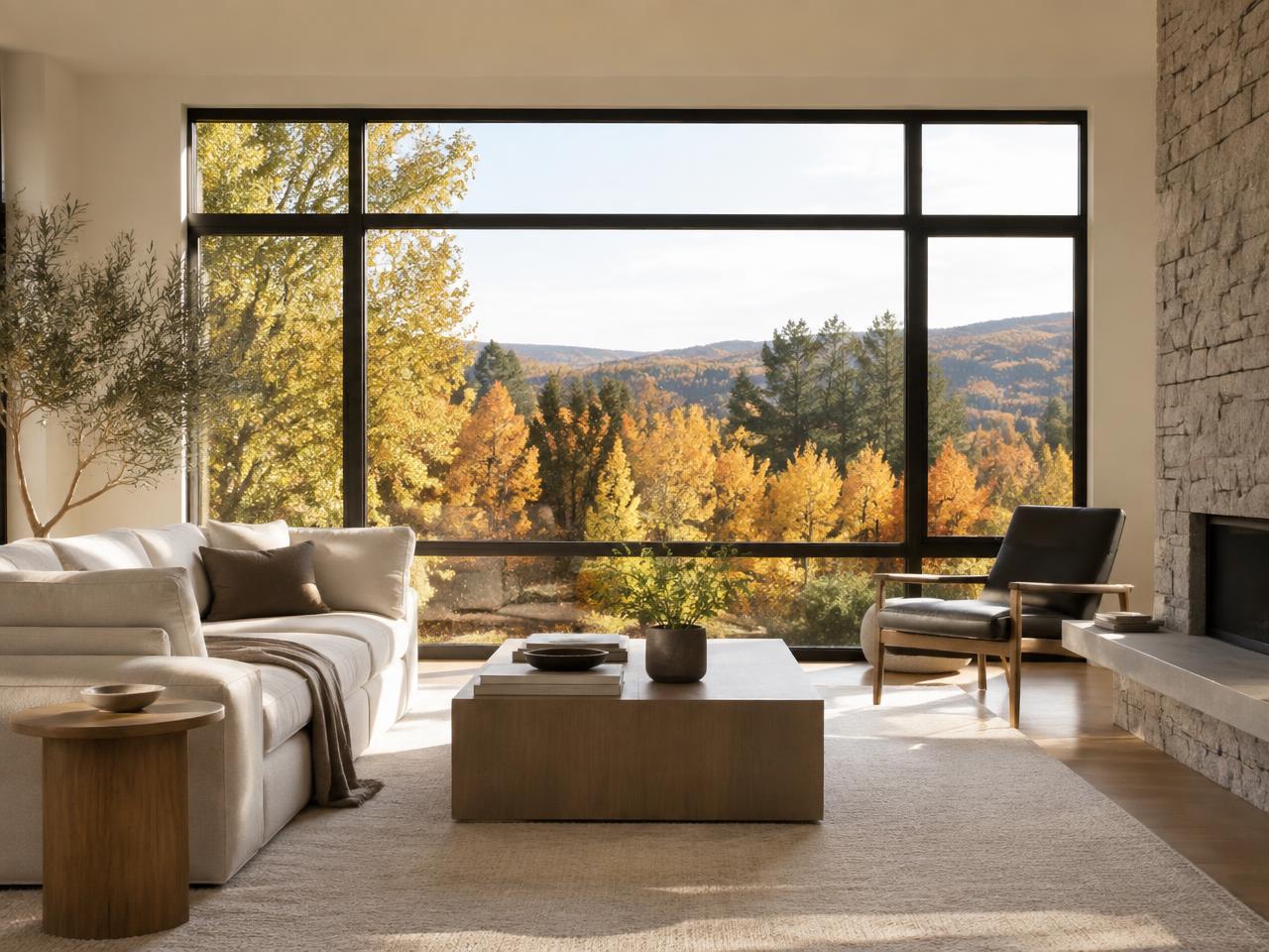 Living room with a large black-framed Horizon picture window overlooking autumn trees